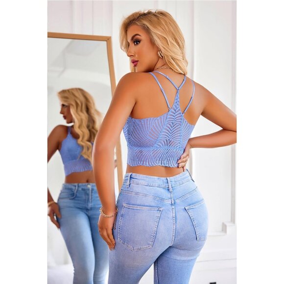 Women's Blue Lace Camisoles Double-layered V-neck Sexy Bralettes Crop Top - Picture 7 of 7